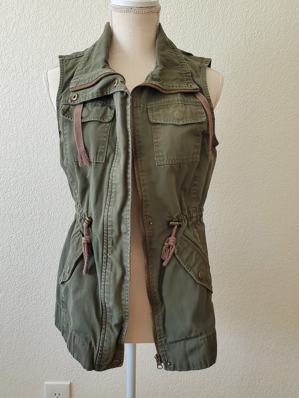 Olive Utility Drawstring Sleeveless Vest